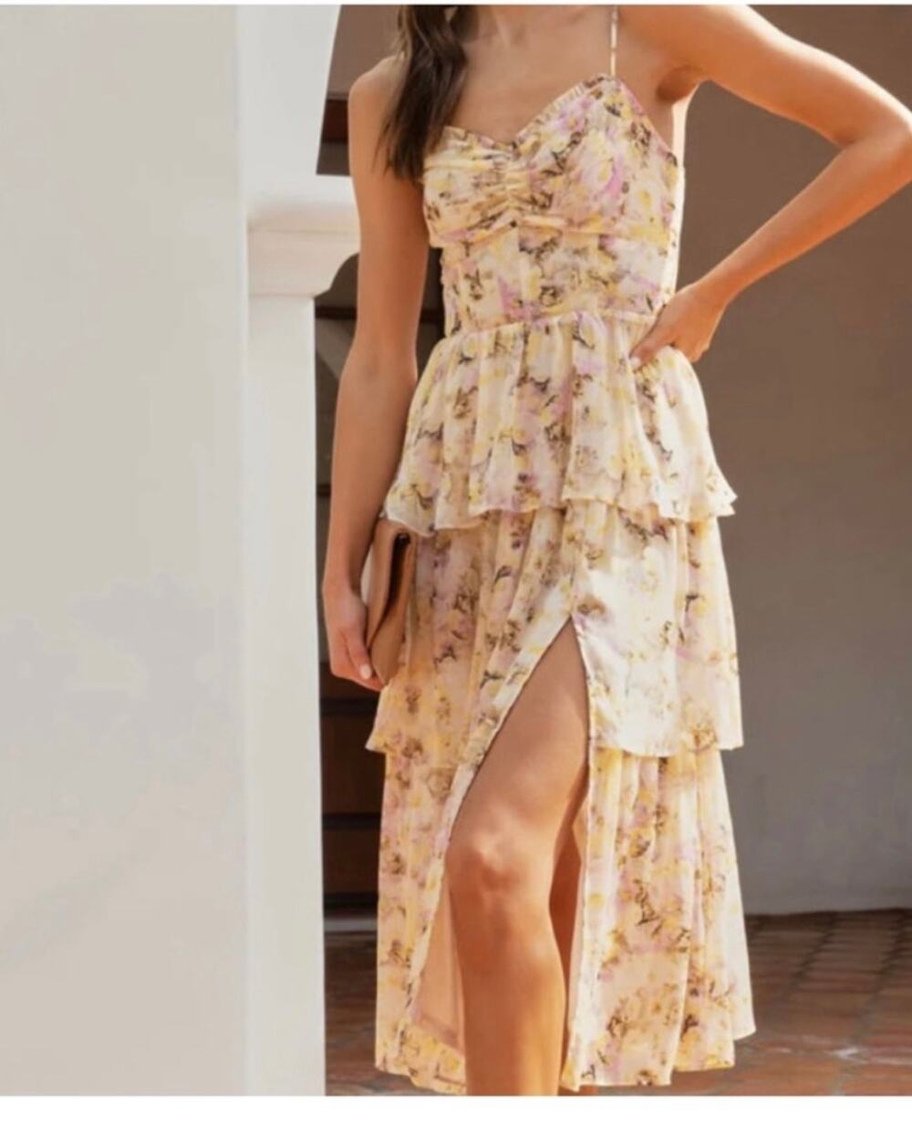 House of Harlow 1960 Corset Style Lace Up Boned Bodice Floral Linen Maxi Dress M